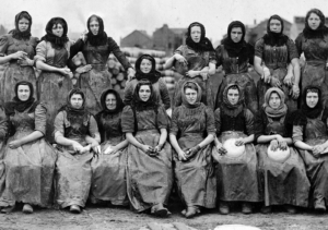 Historical black and white photo of herring women