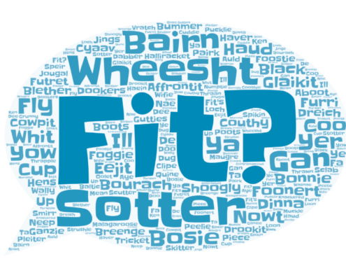 Word cloud in the shape of a speech bubble showing Doric words and phrases.