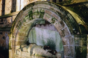 Provost Douglas’s stolen tomb behind the Fife Mausoleum. The picture shows it when the slab with the Earl’s inscription had slipped, showing the Douglas inscription behind.