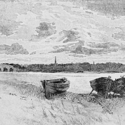 Greyscale sketch showing Banff from the Macduff shoreline with the five arched Banff Bridge to the left