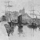 Greyscale drawing of Macduff harbour showing three large sailing cargo vessels, with the church on the hill