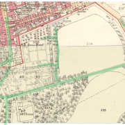 Partly coloured map showing the detailed layout of the original Duff House gardens, overlaid with a transparent current day road layout