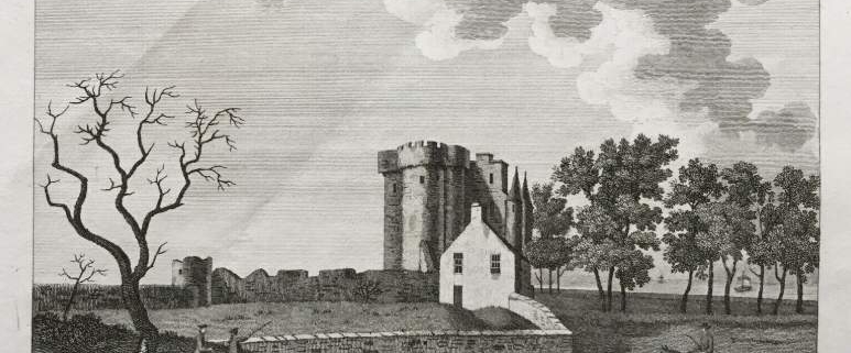 A black and white print of Inchdrewer Castle