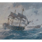 Colour image of a painting showing a three master two decked ship of the line