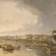 Photo of colour painting showing one large sailing ship, junks and all sorts of small craft in front of warehouses with international flags flying
