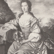 Black and white image of a colour painting of a sitting lady holding some flowers