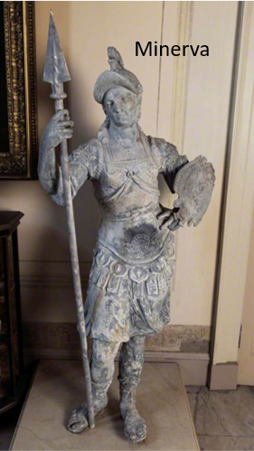 Colour photo of grey statue holding a spear and shield