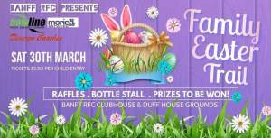 Graphic with a basket of easter eggs, bunny ears to promote family easter trail event.