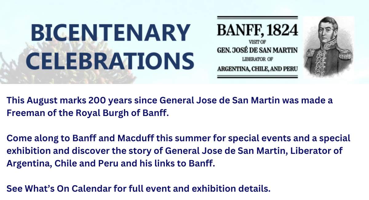 Drawing of General Jose de San Martin, Liberator of Argentina, Chile and Peru promoting 200 anniversary events in Banff.