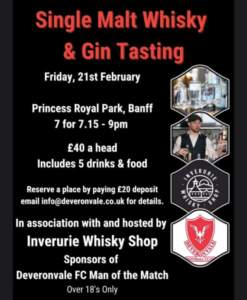 Event poster for Whisky and gin tasting event. Poster features imgaes of whisky and gin, Mike Stuart from Inverurie Whisky Shop.