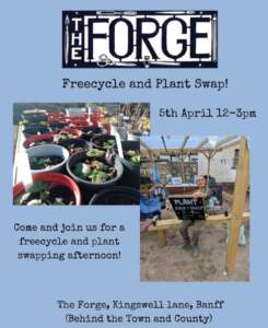 Advert for the Forge Freecycle and Plat Swap event showing images of the Forge outside space.