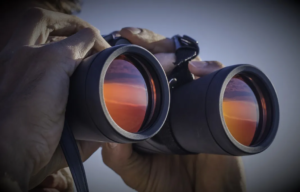 Person looking through a set of binoculars